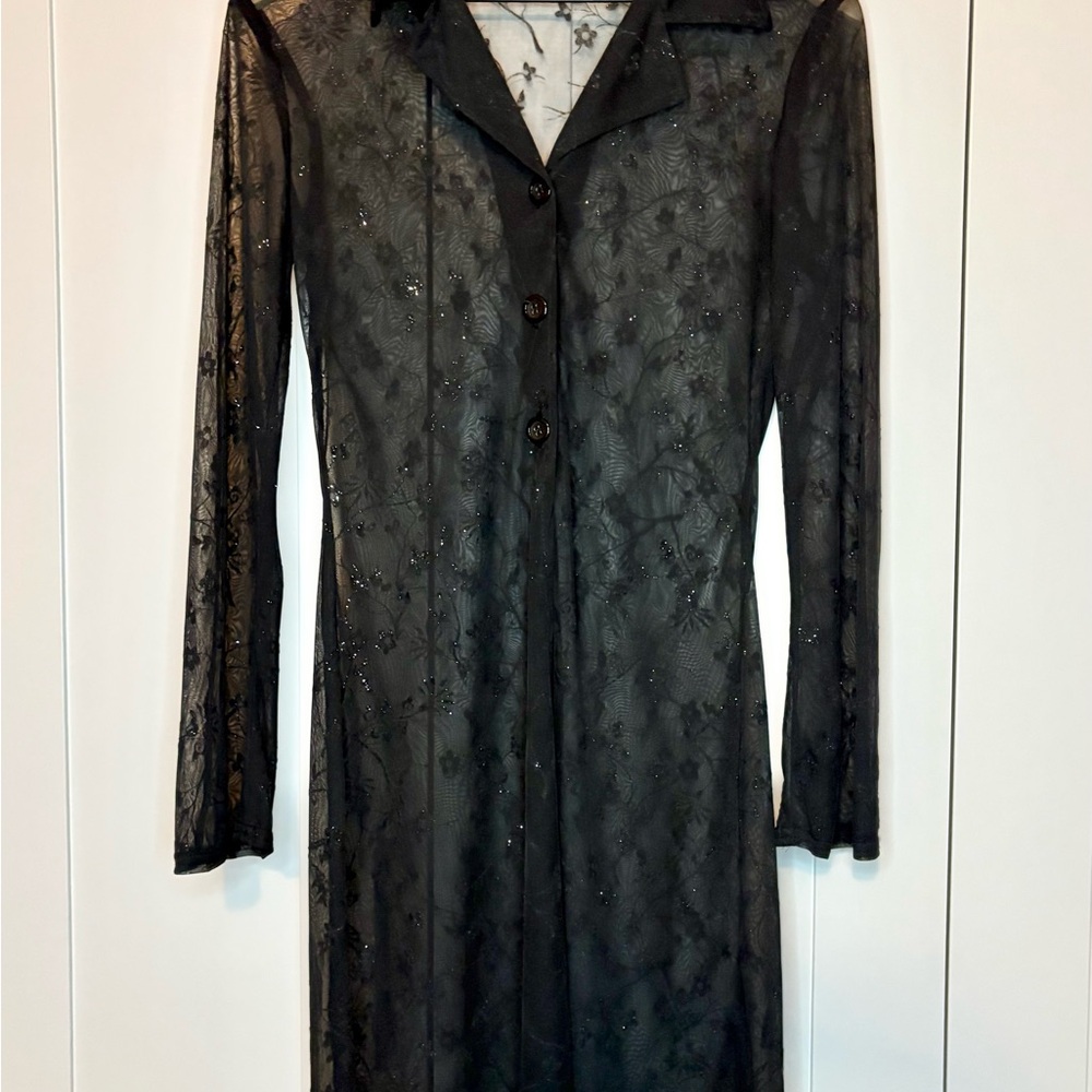 Vintage Sheer Black Floral Mesh Sparkle Duster Top with Bell Sleeves | XS/S - Picture 7 of 11